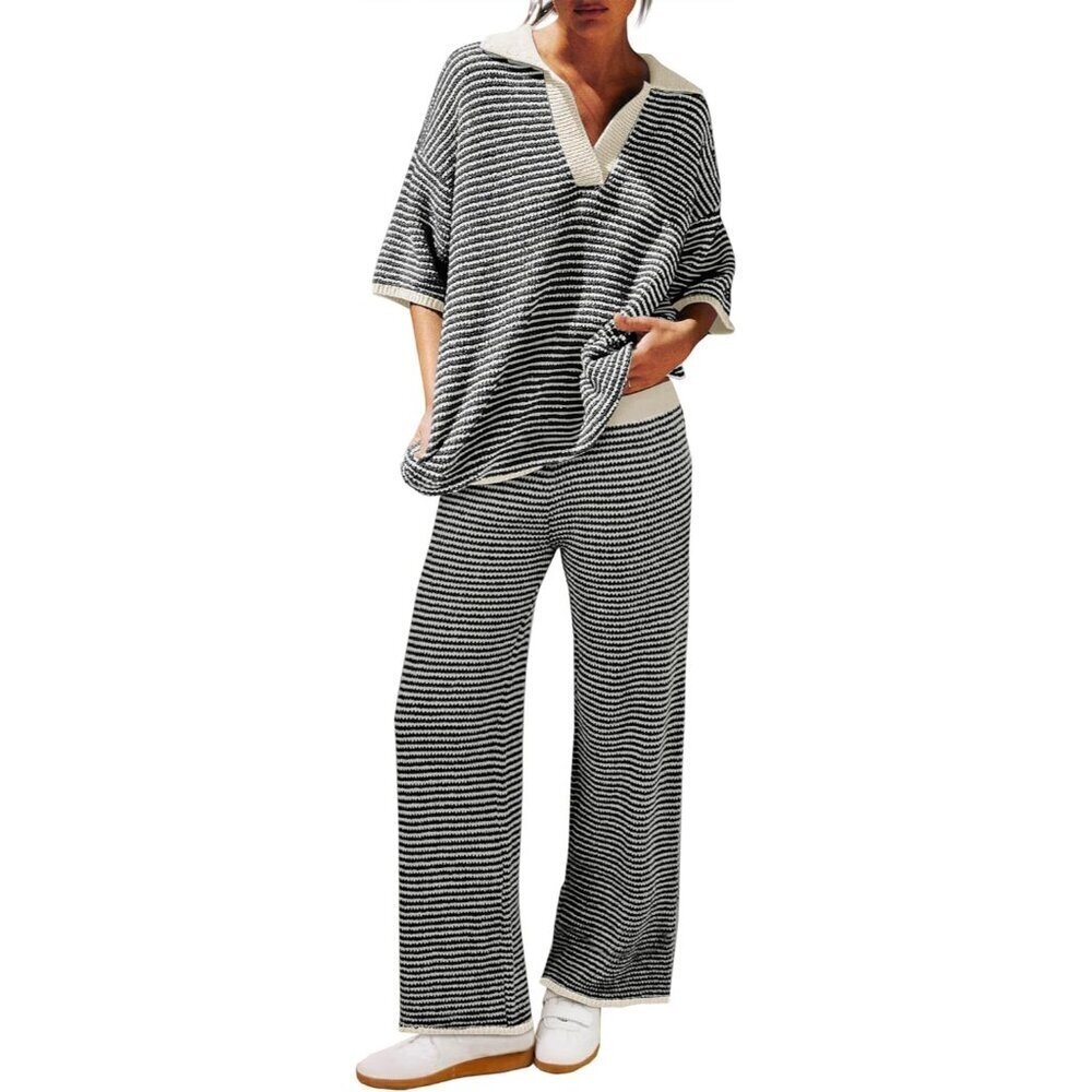 Women's Knit Sweater Set 2 Piece Oversized Striped V Neck Lounge Outfits